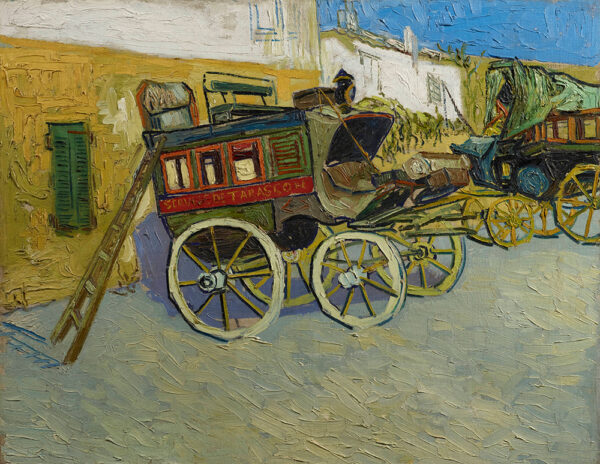 A painting of stagecoaches parked outside of buildings. Artwork by Vincent van Gogh.