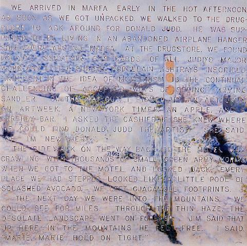 A painting by Vernon Fisher of a west Texas landscape with text over the full work that tells a narrative about a trip to Marfa.