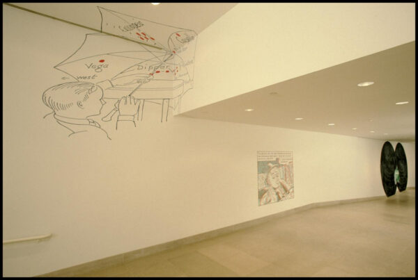 An installation image of wall paintings at the Dallas Museum of Art by Vernon Fisher.