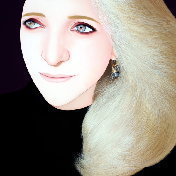 A stylized portrait of a woman with long blonde hair. Painting by Yasuyo Maruyama.