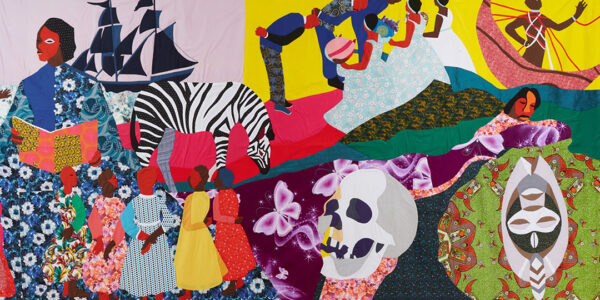 A collage fabric work by Christopher Myers featuring an array of Black figures with references to African art, slavery, ballroom dancing, reading, and death.