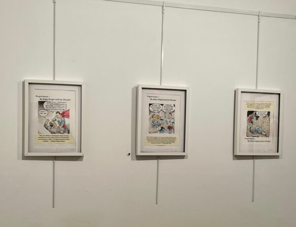 Three framed cartoon style drawings of superman in action