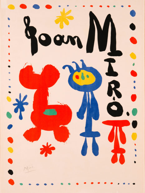 A poster by Joan Miró using primary colors and abstract forms.