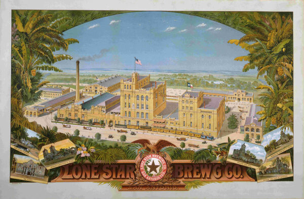 A color print featuring the Lone Star Brewing Co. building in San Antonio, made in 1903.