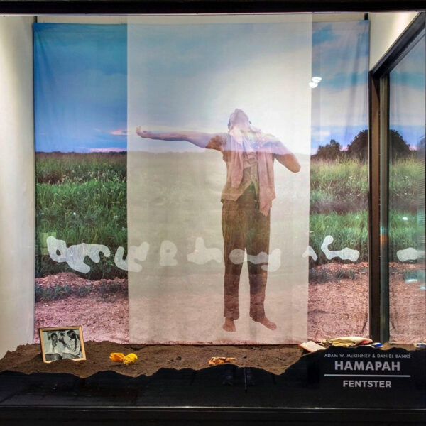 A photograph of an installation in a gallery window featuring layered images and objects. 