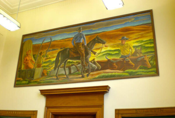 Post office mural of men on horses and wagons