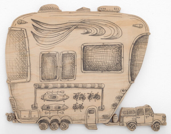 A drawing of an RV, on a cutout of plywood.