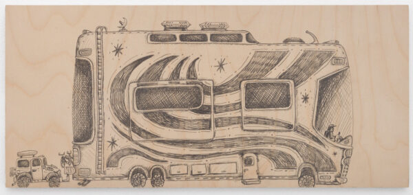 A drawing of an RV on plywood.