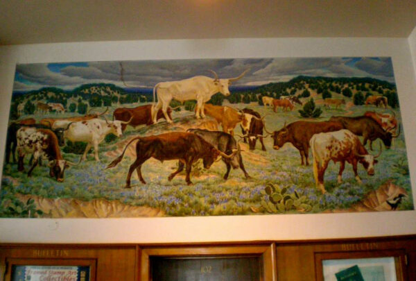 Photo of a mural in a post office with steers in a field