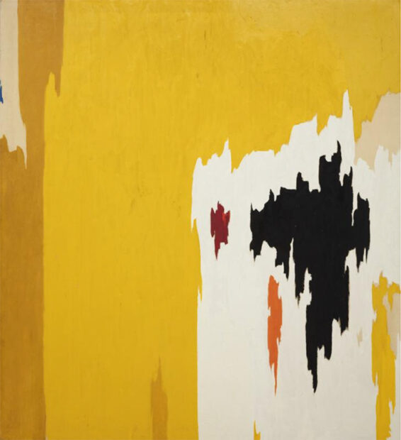 An abstract painting by Clyfford Still featuring jagged-edged sections of warm colors. 