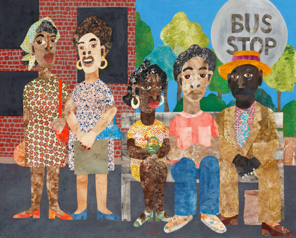 A mixed media work of art by Evita Tezeno featuring a handful of Black people waiting at a bus stop.