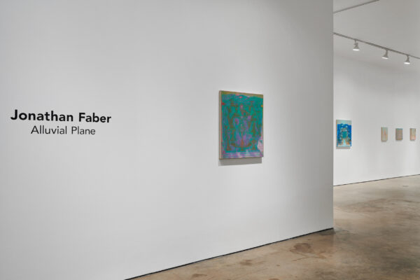 Installation view of a title wall with two dimensional paintings hanging horizontally