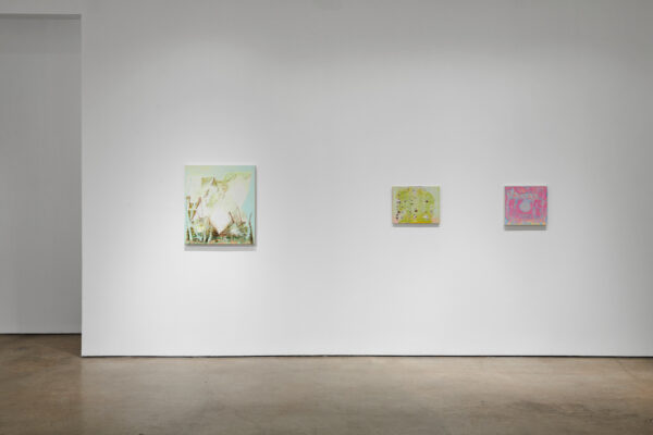 Installation photo of three paintings hanging horizontally on a wall