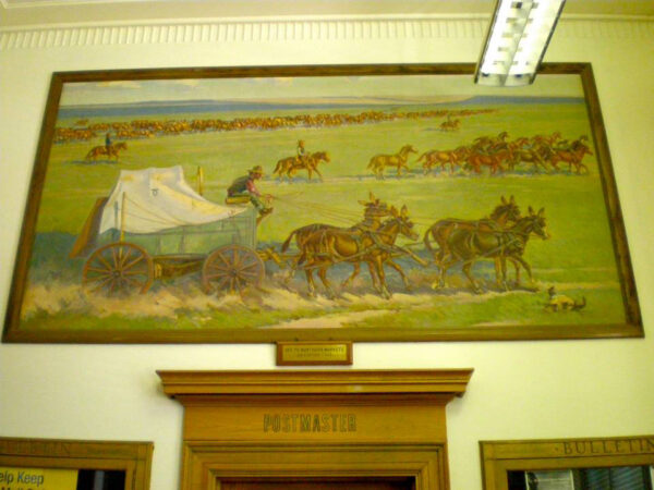 Mural of horse drawn wagon with horses