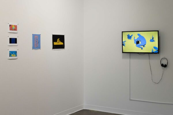 Installation view of a flatscreen monitor with two dimensional works on paper on the wall