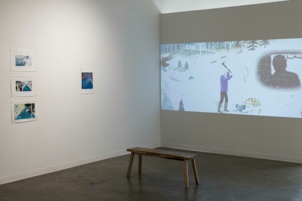 Installation view of a projection on a wall and two dimensional works on the right in a vertical column
