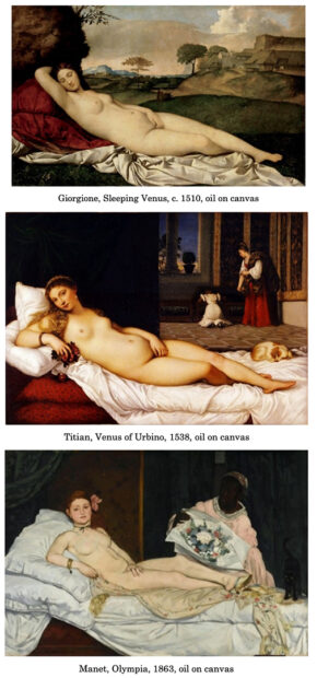 Images of paintings by Giorgione, Titian, and Édouard Manet.