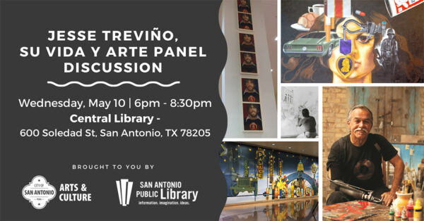 A designed graphic for a panel discussion on the artwork of Jesse Treviño.
