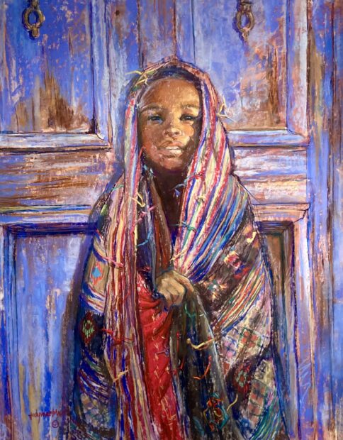 Gestural painting of a child wrapped in a blanket