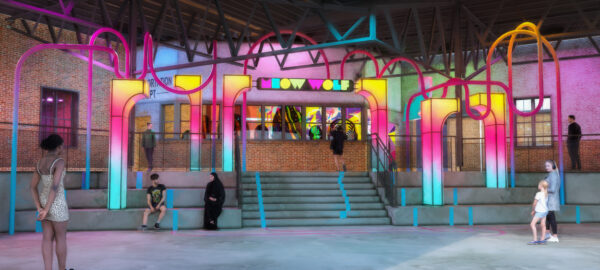 A digital rendering of the exterior of Meow Wolf Houston.