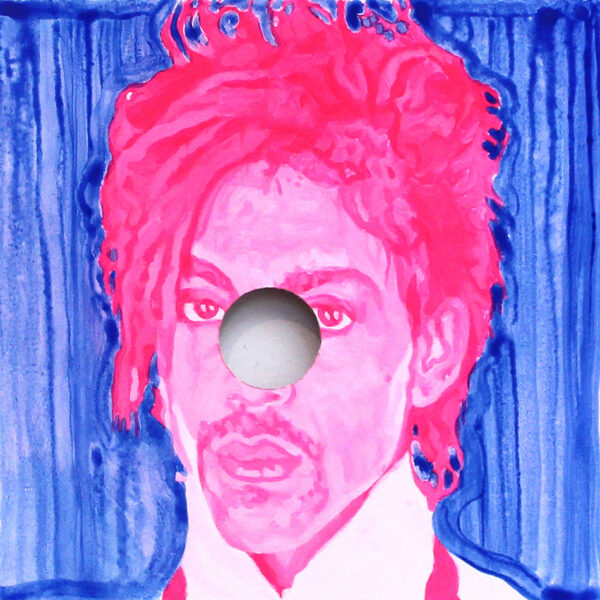 A mixed-media work by Ryan Sandison Montgomery of the musician Prince with a hole cut in the center of the work.