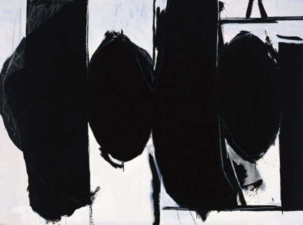 A large-scale abstract black and white painting by Robert Motherwell.