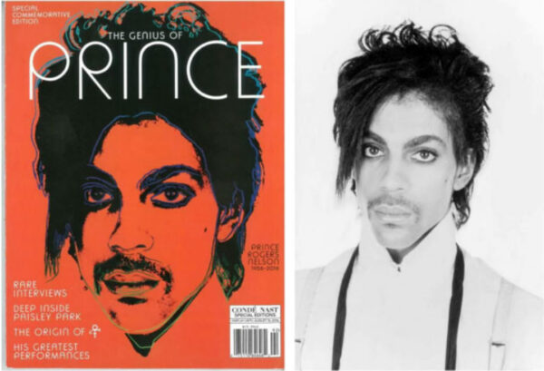 A side-by-side comparison of "Orange Prince" by Andy Warhol and a photograph of Prince by Lynn Goldsmith.