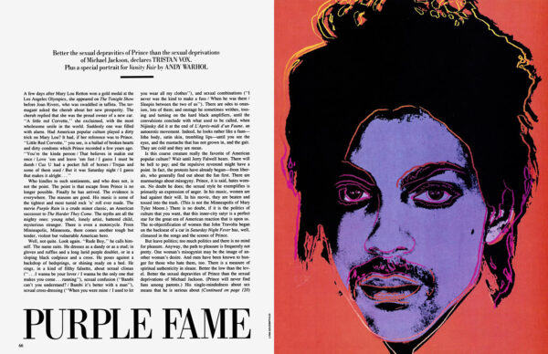 A photograph of the inside of Vanity Fair magazine featuring text on one side and a work created by Andy Warhol from a photograph of the musician Prince taken by Lynn Goldsmith.