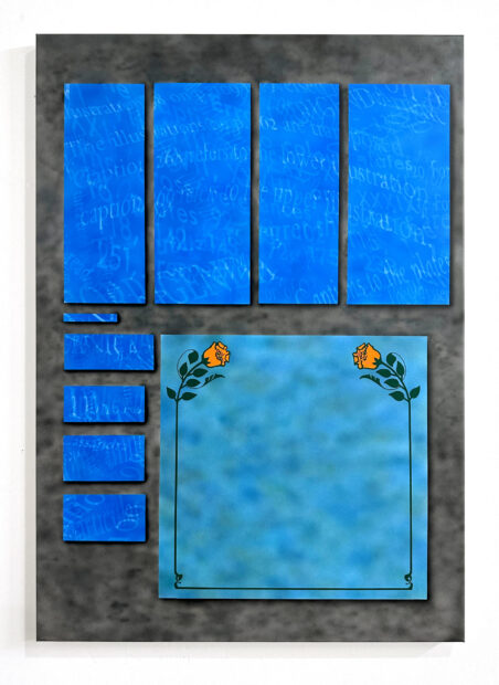 A photograph of a work of art by Rachel Livedalen, which includes 8 rectangular pieces of various sizes with white text on a blue background. The rectangles partially surround a blue square painting with two orange flowers on it.