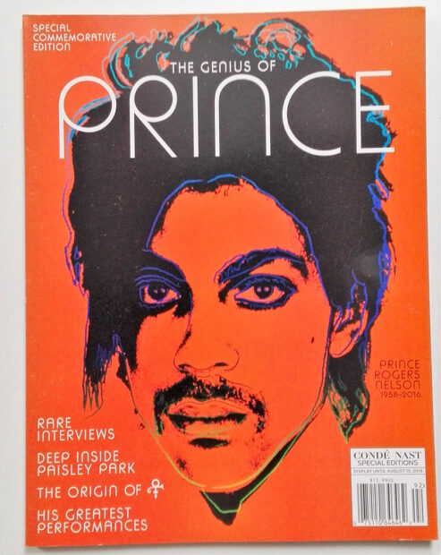 A photograph of the front cover of a special Vanity Fair issue featuring a work created by Warhol of the musician Prince.