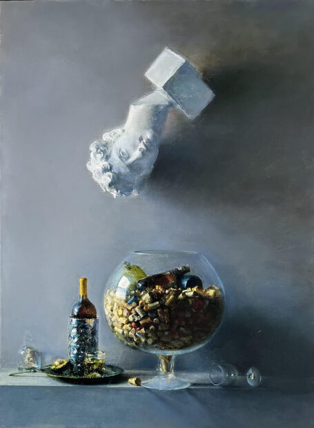 A painting by Bo-Tan featuring an upside down floating bust above a large class bowl filled with wine corks.