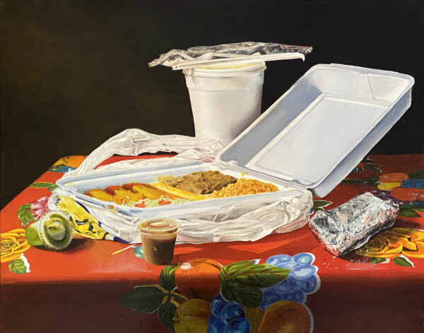 Painting of a meal of enchiladas in an open styrofoam container in a bag