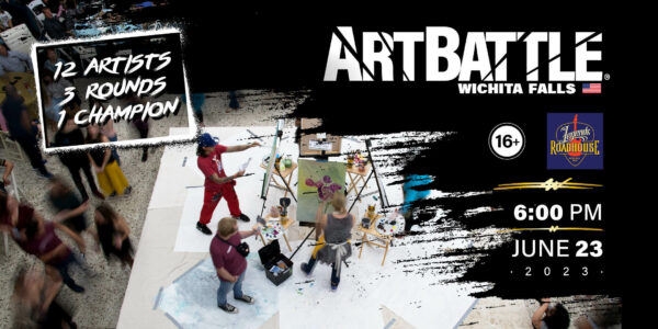 A designed graphic featuring two artists painting live.