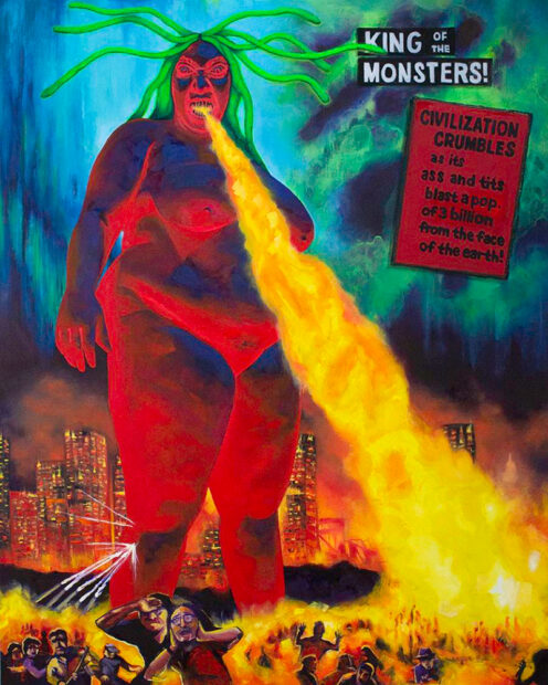 A painting by Alexis Hunter featuring a giant, nude, fire-breathing, woman who is spewing fire that is engulfing the city below.
