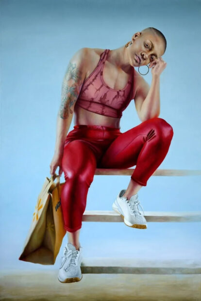 A photorealistic painting by Anton Hoeger of a woman sitting on bleachers and wearing a sports bra, leggings, and tennis shoes.