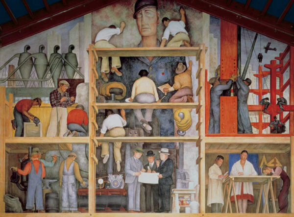 A photograph of a large-scale mural by Diego Rivera detailing how a fresco mural is made.