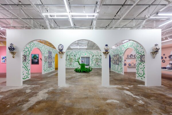 An installation image of a solo show of contemporary ceramic works by Eduardo Sarabia.