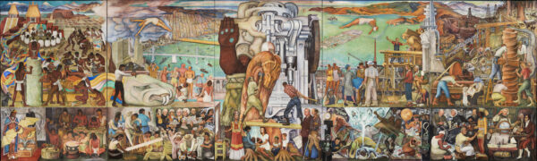 A photograph of a large-scale mural by Diego Rivera depicting scenes of history, culture, and art in Mexico and the U.S.