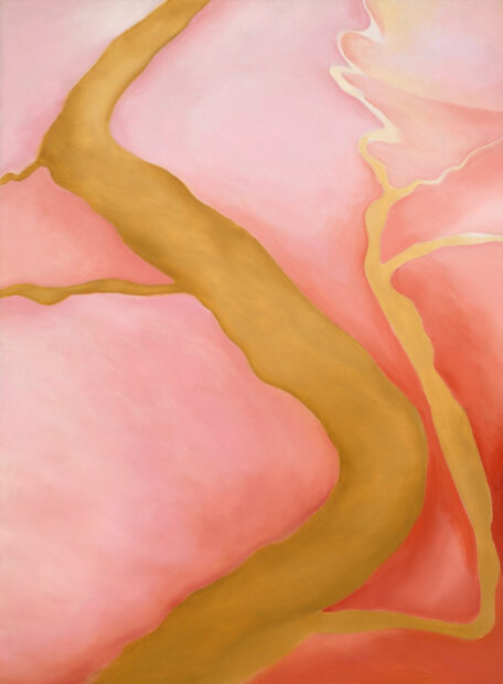 Oil painting of long swashes of pinks and yellows/golds