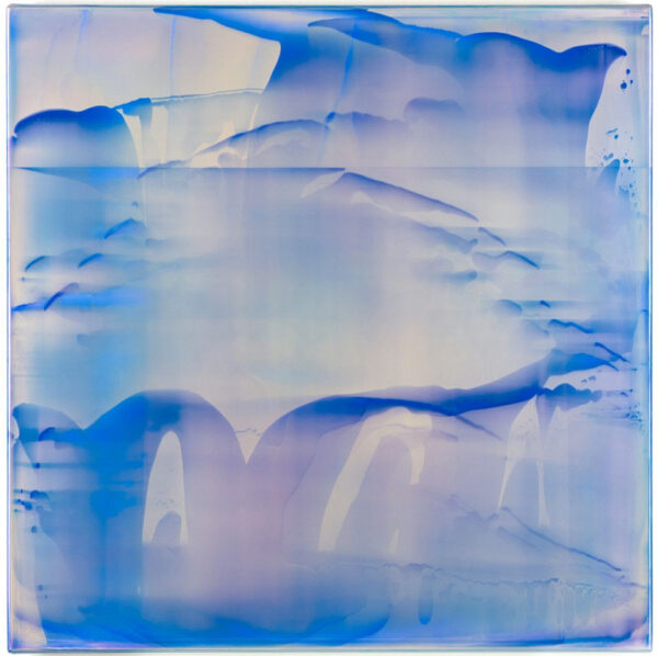 A painting featuring a washy blue on a white, but almost silver ground.