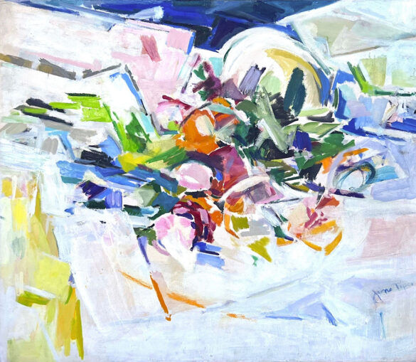 An abstract painting by Jane Piper reminiscent of a still life.