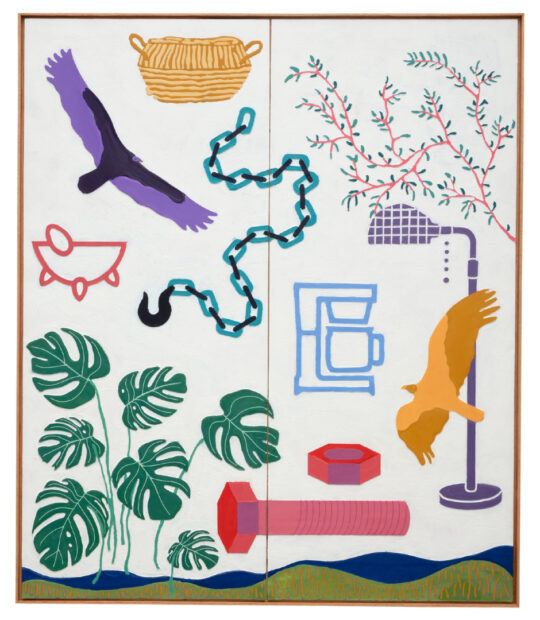 A large painting by John Miranda featuring plants, birds, and household items on a white background.