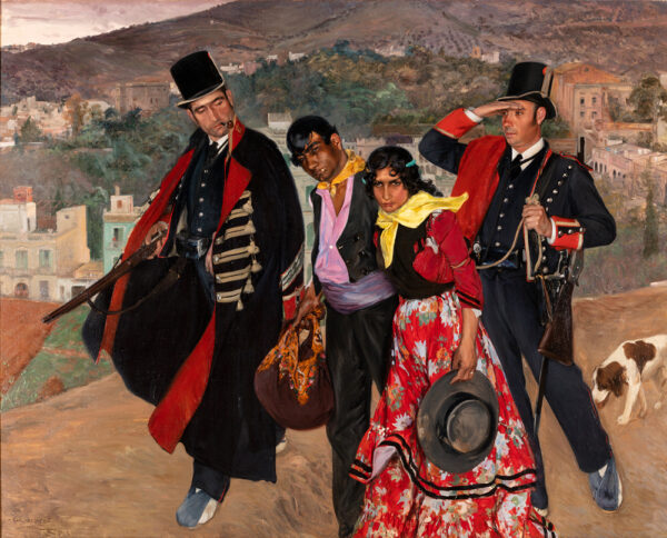 A photograph of a large painting by Carlos Vázquez Úbeda of police arresting a Romani couple set against a distant landscape.