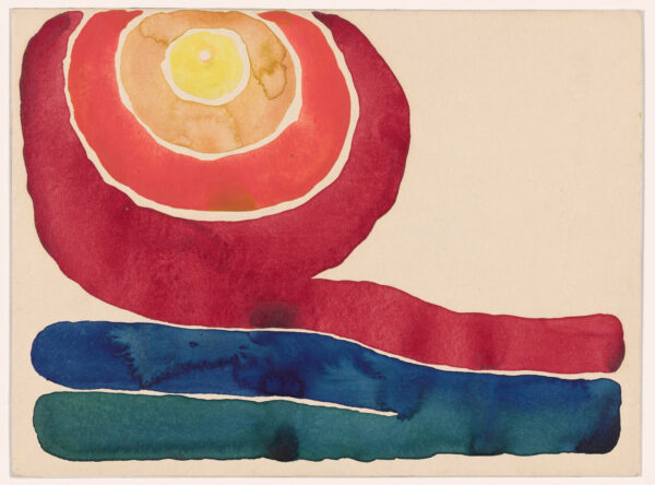 Watercolor painting of a red circular star with two blue lines at the bottom