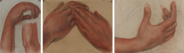 Three pastel and charcoal drawings of large hands in various poses by Diego Rivera.