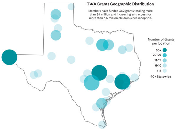 A map of Texas indicating the locations of organizations that have received a 2023 Texas Women for the Arts award.