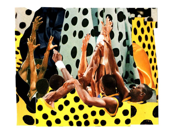 A mixed-media work by Tay Butler featuring basketball players with their arms stretched upward.