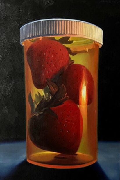 A painting by Ryan Stalsby of three strawberries inside a prescription medication bottle.
