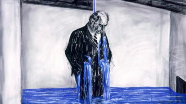 A still image from a video by William Kentridge featuring a charcoal and pastel drawing of a business man standing in a pool of water.