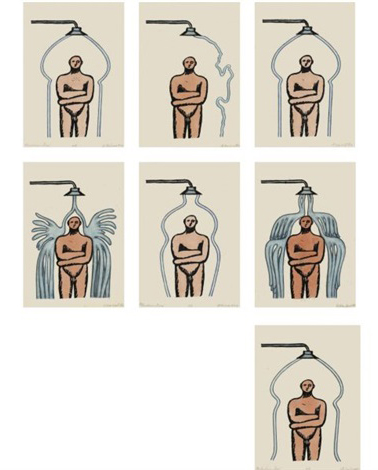 A lithographic series by Ilya Kabakov featuring a nude man standing under a shower head.
